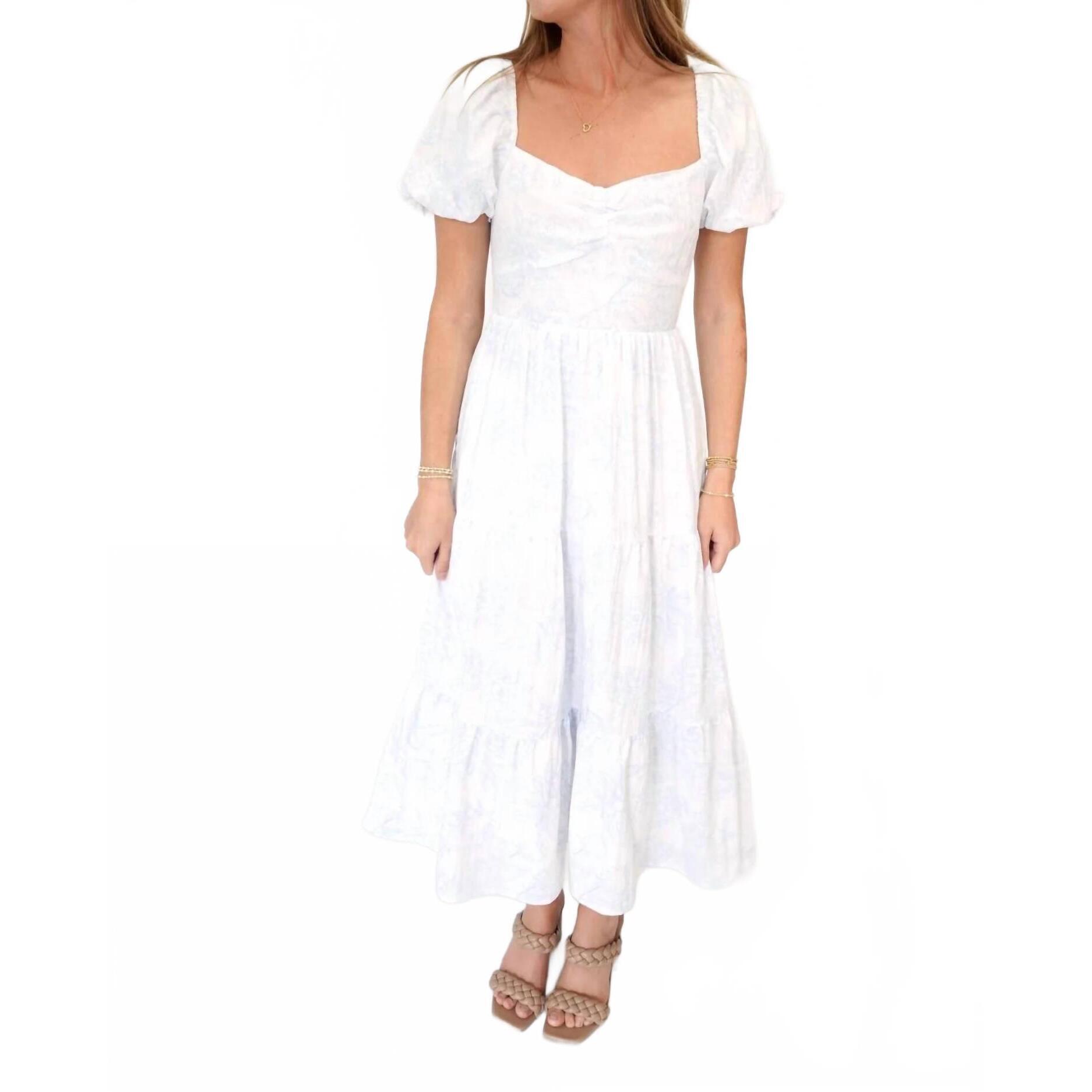 New Tcec Serene Floral Puff Sleeve Open-Back Midi Dress With Pockets In Blue/Whi